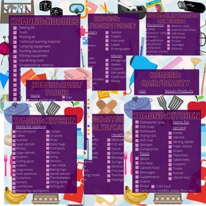 May include: A colorful chart with the word "Komono" in a purple box. The chart is divided into sections for different categories of items, such as hobbies, stationery, electronics, home/fabric, hygiene/health, hair/beauty, and kitchen. Each section lists items that fall under that category. For example, the "Hobbies" section lists items like sewing kits, knitting kits, and camping equipment.