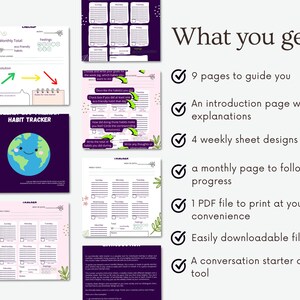 Peut inclure: Une liste de contrôle de ce que vous obtenez avec ce suivi d'habitudes imprimable, comprenant 9 pages, 4 modèles de feuilles hebdomadaires, une page de suivi mensuel et un déclencheur de conversation. La liste de contrôle est sur un fond blanc avec des coches vertes et du texte violet.