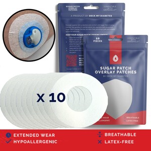 May include: A pack of 10 white, breathable, latex-free sugar patch overlay patches. The patches are designed to protect and comfort skin around a sugar patch. The packaging is blue and red with the text "Sugar Patch Overlay Patches" and "Deck My Diabetes".