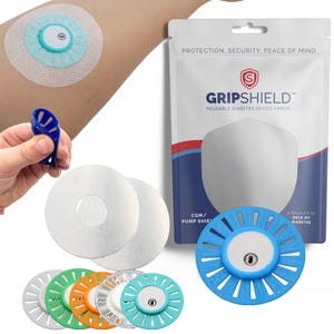 May include: A blue and white reusable diabetes device protector called GripShield. The product is shown on a person's arm and in a clear plastic bag. The bag has the text "Protection. Security. Peace of Mind." and "GRIPSHIELD™ Reusable Diabetes Device Armor".