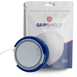 May include: A blue and gray GripShield reusable diabetes device armor with the text "twiist" on the side. The packaging reads "PROTECTION. SECURITY. PEACE OF MIND." and "GRIPSHIELD REUSABLE DIABETES DEVICE ARMOR."