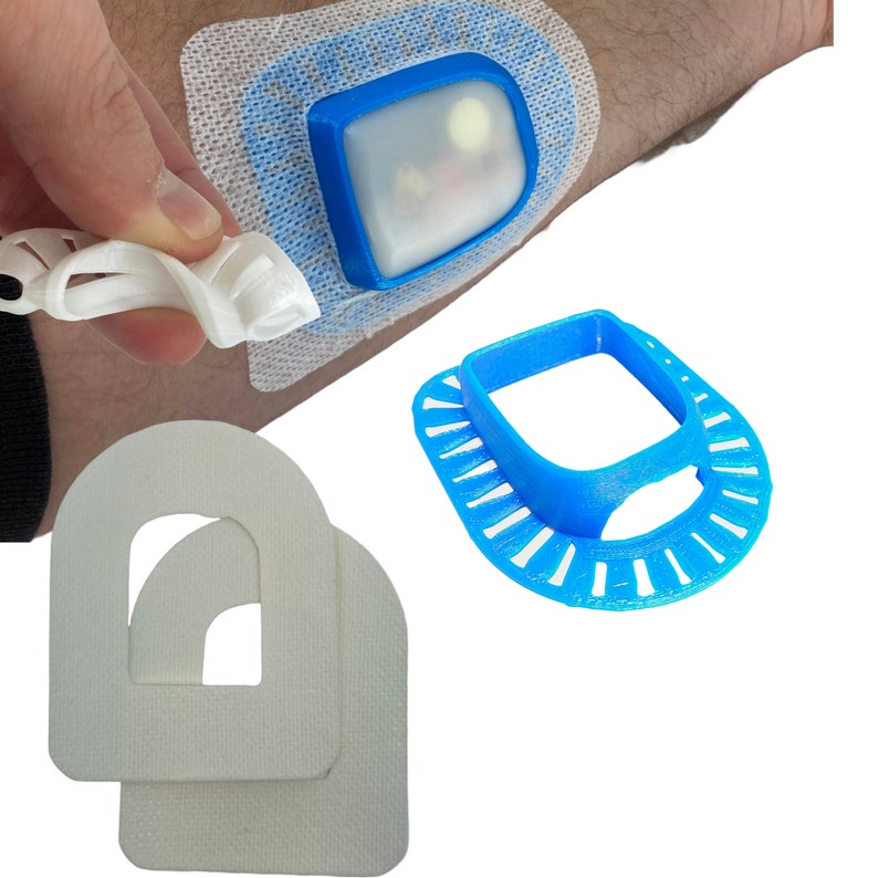 May include: A close-up of a white medical patch with a blue plastic device attached to it. The patch is on a person's arm. There are two white, semi-circular, adhesive pads with a hole in the center. A blue plastic device with a square opening is also included.