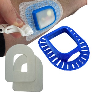 May include: A blue 3D printed medical device with a white adhesive patch. The device has a square opening and a circular base with a series of holes. The patch has a white adhesive backing and a blue border.