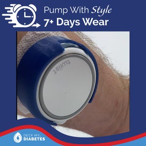 May include: A blue medical device with the text "twist" on a white circular surface is attached to a person's arm. The text "Pump With Style" and "7+ Days Wear" are displayed above the device. The logo "Deck My Diabetes" is at the bottom.