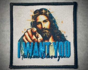 May include: A white patch with a black border features a colorful image of Jesus pointing at the viewer. The text "I WANT YOU to know I love you" is written in blue letters.