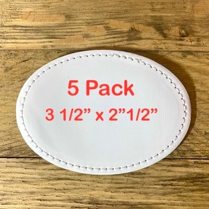 5 Pack Blank Sublimation Patches Oval White Faux Leather Threaded 3 1/2” x 2 1/2” with adhesive for Hats Beanies Stockings