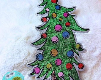 LARGE Christmas Tree Sequin Patch 11.5” Tall Iron-On Patch Silver Glitter Trim Ornaments Real Sequins Gold Star Grinch Tree for Sweatshirts