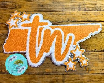 LARGE TN Tennessee Chenille Patch 11” Wide Iron-On Patch DIY Orange w/ Silver Glitter Trim Sparkly & Fuzzy Team Spirit Smokey Mountains