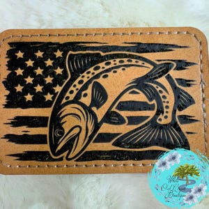 Fish Truck Hat Patch Lasered Faux Leather Threaded Rectangle 3” x 2” w adhesive for hats Trucker Hat Patch American Flag Fishing Trout Bass