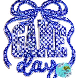 LARGE Game Day Sequin Patch 10.5” Wide Iron-On Patch DIY Royal Blue / Silver Glitter Trim Bling Coquette Bow Checkered Team Spirit Baseball
