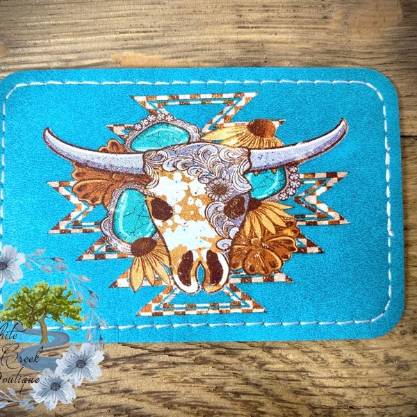 Hat Patch Longhorn Bull Cow Skull Turquoise Faux Leather Threaded 3” x 2” with adhesive for hats beanies stockings Aztec Concho