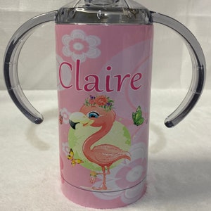 Pink Baby Flamingo 12 ounce Sippy Cup *Personalized* w/ flowers and butterflies for infants toddlers Birthday Theme Baby Shower
