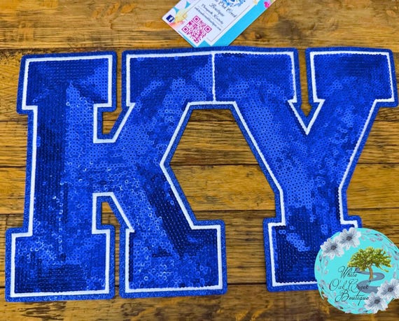 LARGE KY Kentucky Sequin Patch 11” Wide Iron-On Patch DIY Royal Blue Glitter Trim Embroidered White Trim Wildcats Bling Mascots Team Spirit