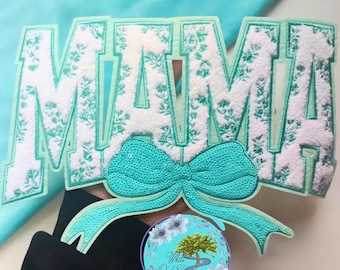 LARGE Mama Chenille & Sequin 11” Iron-On Patch DIY Teal White Floral Valentines Day Wife Mom Girlfriend Daughter for Sweatshirts T-Shirts