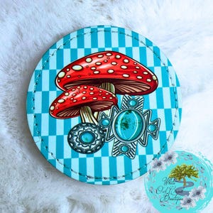 Mushroom Teal Checked Trucker Hat Patch Faux Leather 2 1/2” round iron on hat patches western hippie turquoise mushroom Concho