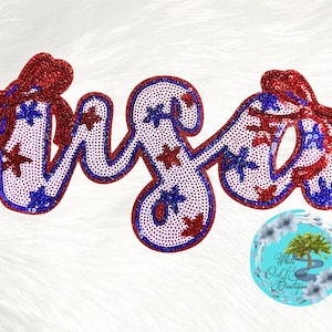May include: A sequined "USA" design in red, white, and blue. The letters are outlined in blue and filled with white sequins, adorned with red and blue star-shaped sequins. Red sequined bows accent the letters. The design is on a white background.