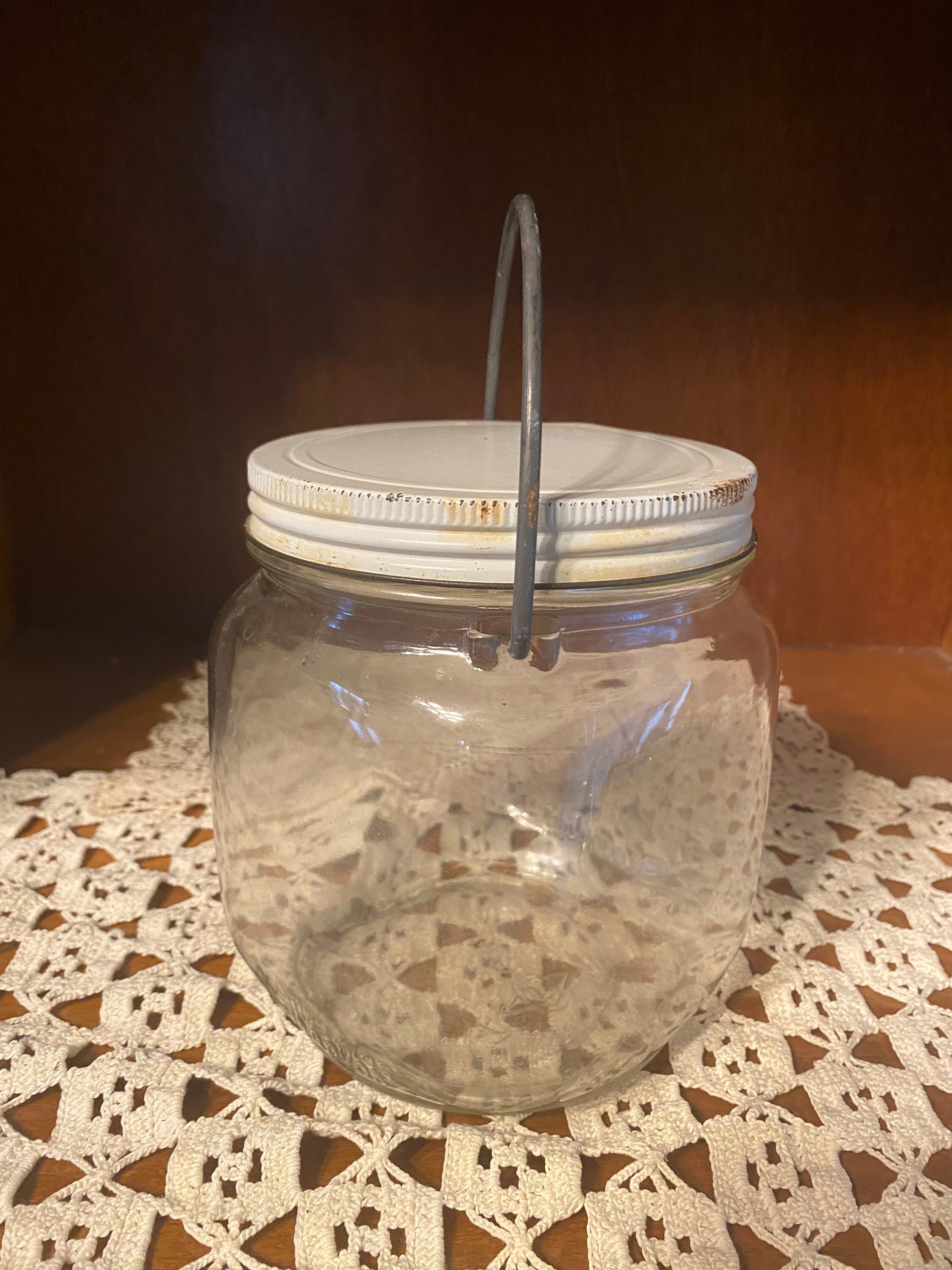 Vintage glass container with lid and handle Etsy