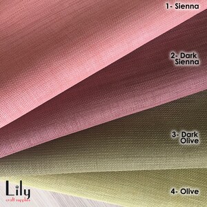 May include: Four fabric swatches in different shades of brown and green. The swatches are labeled 1- Sienna, 2- Dark Sienna, 3- Dark Olive, and 4- Olive.
