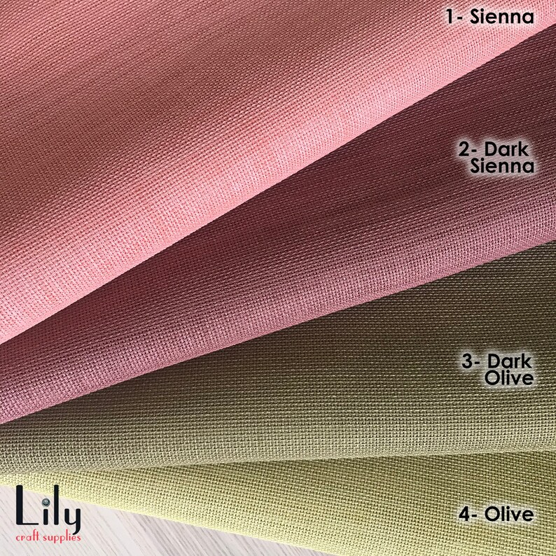 May include: Four fabric swatches in different shades of brown and green. The swatches are labeled 1- Sienna, 2- Dark Sienna, 3- Dark Olive, and 4- Olive.