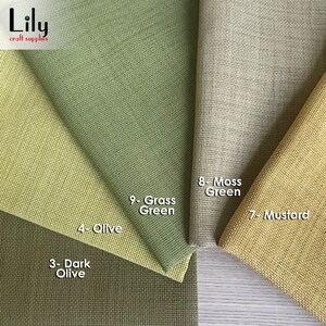 May include: Five fabric swatches in different shades of green and yellow. The swatches are labeled with numbers and names, including "Dark Olive", "Olive", "Grass Green", "Moss Green", and "Mustard".