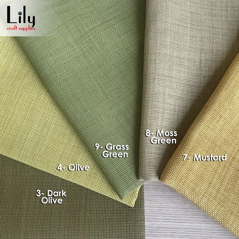 May include: Five fabric swatches in different shades of green and yellow. The swatches are labeled with numbers and names, including "Dark Olive", "Olive", "Grass Green", "Moss Green", and "Mustard".