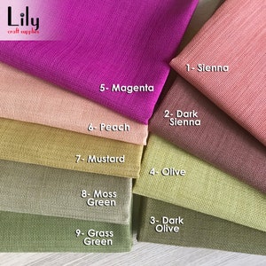 May include: Nine fabric swatches in various shades of green, brown, pink, and purple. The swatches are labeled with numbers and color names, such as "1- Sienna", "2- Dark Sienna", "3- Dark Olive", "4- Olive", "5- Magenta", "6- Peach", "7- Mustard", "8- Moss Green", and "9- Grass Green".