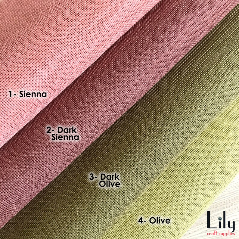 May include: Four fabric swatches in different shades of brown and green. The swatches are labeled 1- Sienna, 2- Dark Sienna, 3- Dark Olive, and 4- Olive.