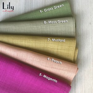 May include: Five fabric swatches in different colors, from top to bottom: grass green, moss green, mustard, peach, and magenta. The swatches are labeled with their corresponding color and number.