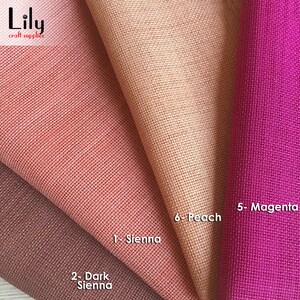 May include: Four fabric swatches in different colors: dark brown, reddish brown, peach, and magenta. The swatches are labeled with numbers and names: 2 - Dark Sienna, 1 - Sienna, 6 - Peach, and 5 - Magenta.