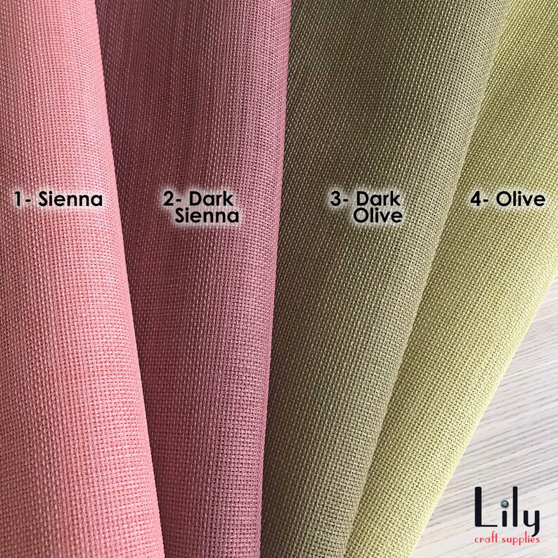 May include: Four fabric swatches in different colors: Sienna, Dark Sienna, Dark Olive, and Olive. The swatches are arranged from left to right in order of color.