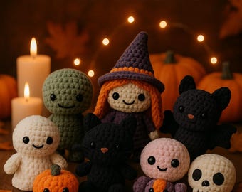May include: Crochet pattern featuring various Halloween-themed amigurumi. Includes a witch, ghost, cat, pumpkin, bat, skull, and octopus. The text "CROCHET PATTERN" is at the top. The background has candles, pumpkins, and fall leaves.