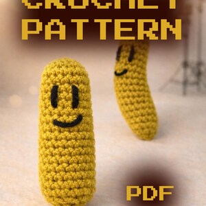 May include: A close-up of two yellow crocheted figures with black smiling faces. The text "CROCHET PATTERN" is displayed at the top, and "PDF" is at the bottom. The figures are cylindrical and have a textured appearance.