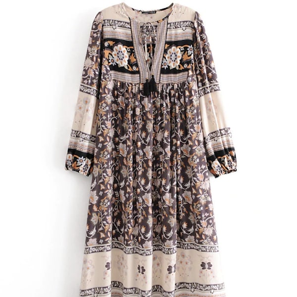 VIRSA KLEID | Vintage | Frauen Langarm Krawatte Ethno Blumendruck MaxiKLEID | Boho | Damen | Boho Kleid | Bescheidene | Vestidos