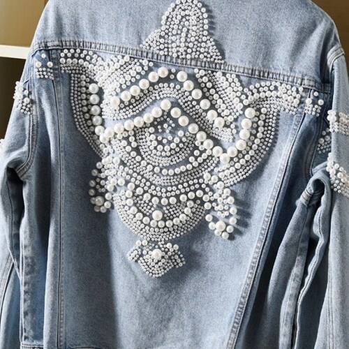 PEARL Denim Jacket Women Boho Denim Jacket Bead - Etsy