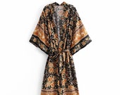 Night Garden Kimono Floral Print Sashes bohemian Vintage chic Women Kimono Ladies V Neck batwing Sleeves Boho Maxi dress