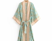 MAYA Kimono Robe Jacket Vintage Boho Floral Print Long Kimono Cardigan Summer Tops Belted Beachwear Vestido Blusas Mujer