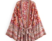 KYRA Kimono Robe Jacket Boho Vintage Red Floral Print Sashes kimono Women bohemian V Neck batwing Sleeves short robe
