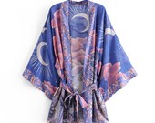 LUNA Kimono Boho Vintage blue Floral Print Sashes Women bohemian V Neck batwing Sleeves happie short robe Kimono Jacket
