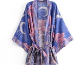 LUNA Kimono Boho Vintage blue Floral Print Sashes Women bohemian V Neck batwing Sleeves happie short robe Kimono Jacket