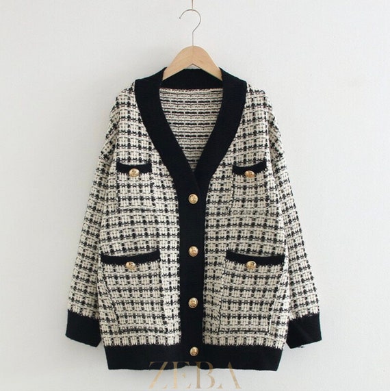 HAILEY Cardigan Tweed Design Cardigan Women Designer Wear Plaid Jacket  Statement Gold Buttons Chunky Knit Cardigan 