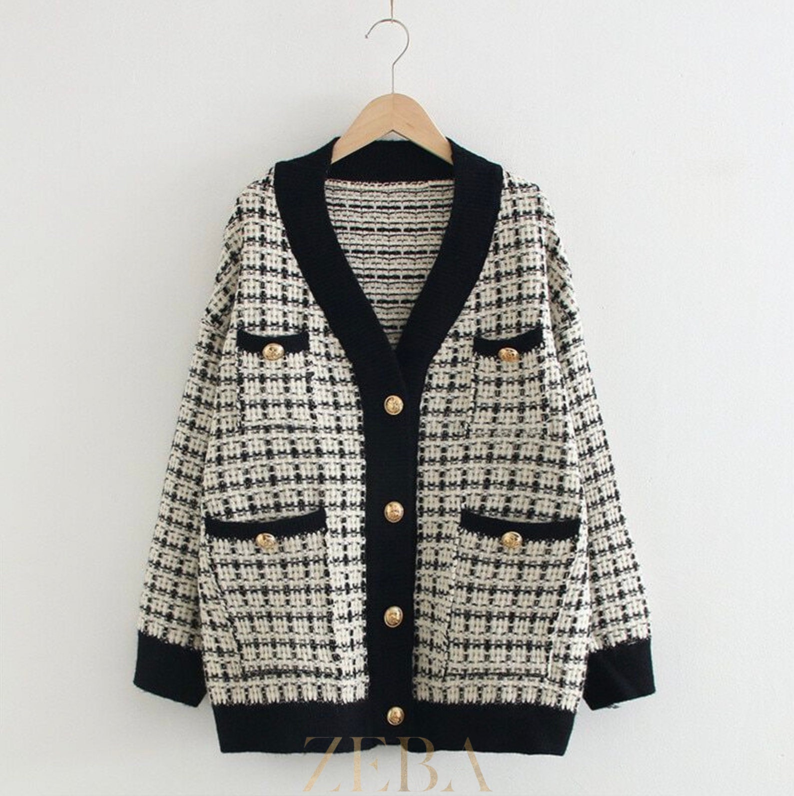 HAILEY Cardigan Tweed Design Cardigan Women Designer Wear Plaid Jacket Statement Gold Buttons Chunky Knit Cardigan