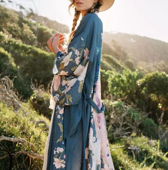 Peacock Floral Print Sashes Women Maxi Kimono Robe Etsy