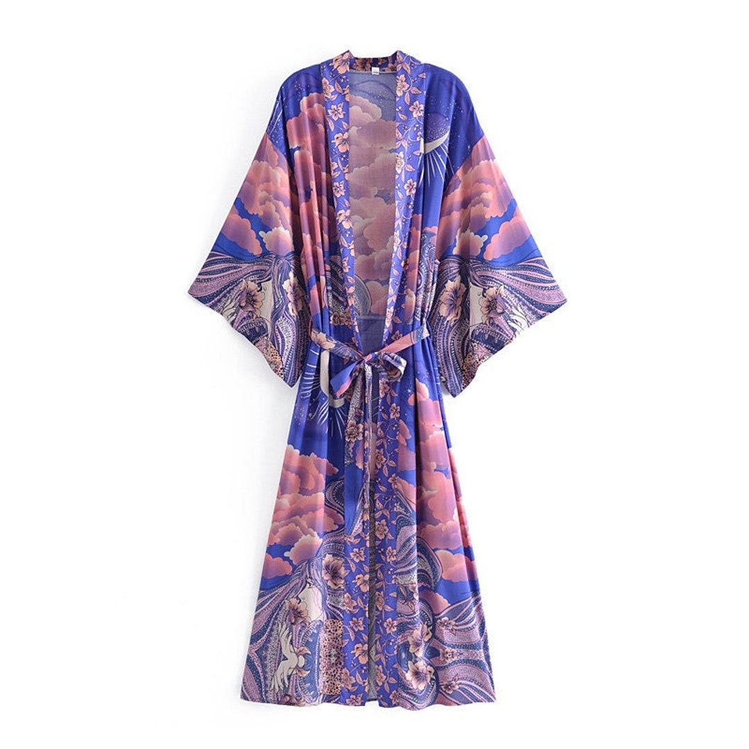 LUNA Kimono LONG Boho Vintage Blue Floral Print Sashes - Etsy UK