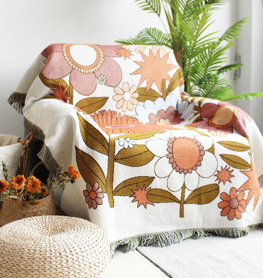 Retro Bloom Art Throw Vintage Retro Sofa Throw Scandi Etsy