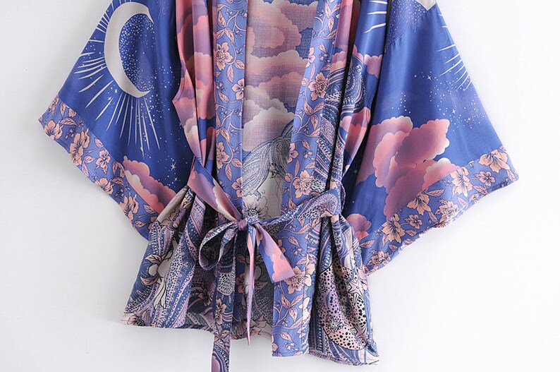 LUNA Kimono Boho Vintage Blue Floral Print Sashes Women - Etsy UK