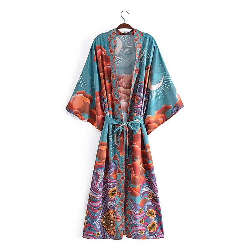 LUNA Kimono LONG Boho Vintage Blue Floral Print Sashes - Etsy UK