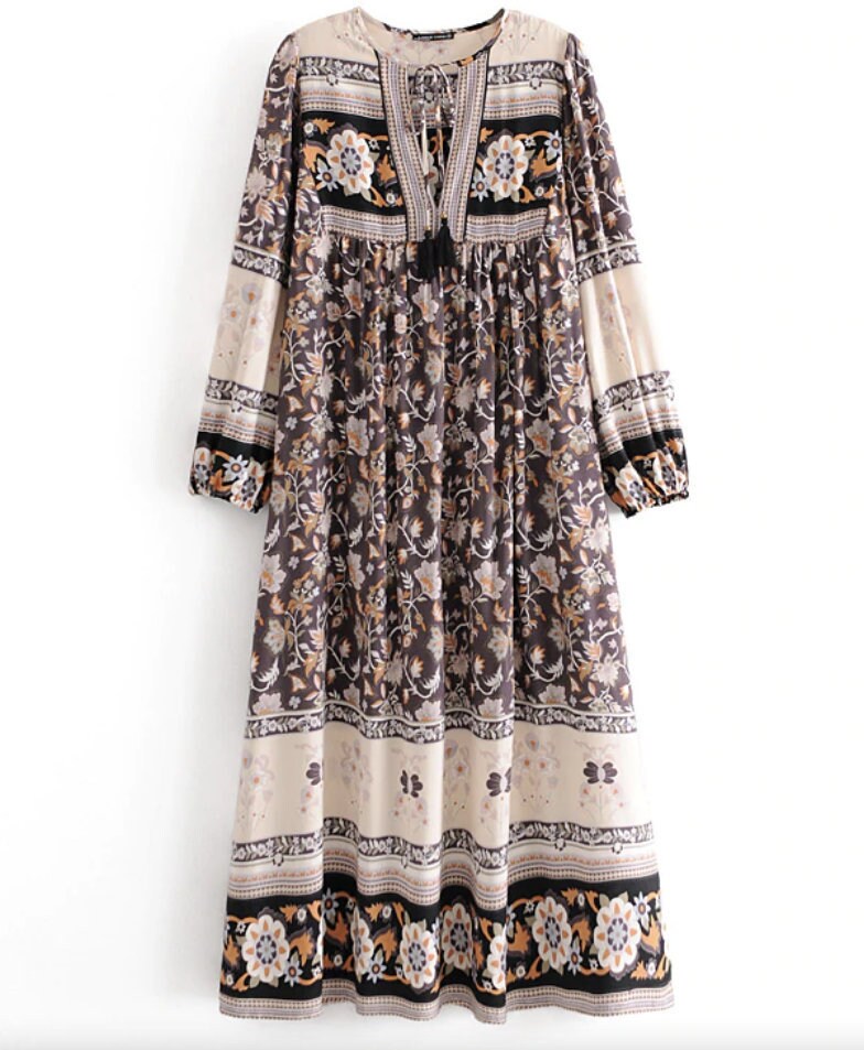 VIRSA DRESS | Vintage | Women long sleeve neck-tie Ethnic floral prin…