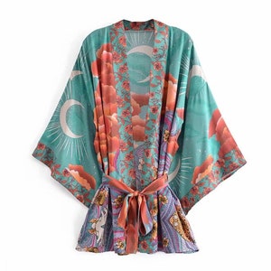 LUNA Kimono Boho Vintage Blue Floral Print Sashes Women - Etsy UK