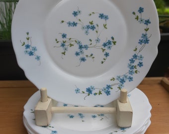 Assiettes - ARCOPAL - motif fleurs bleues - véronica - myosotis - années 70 - Made in france