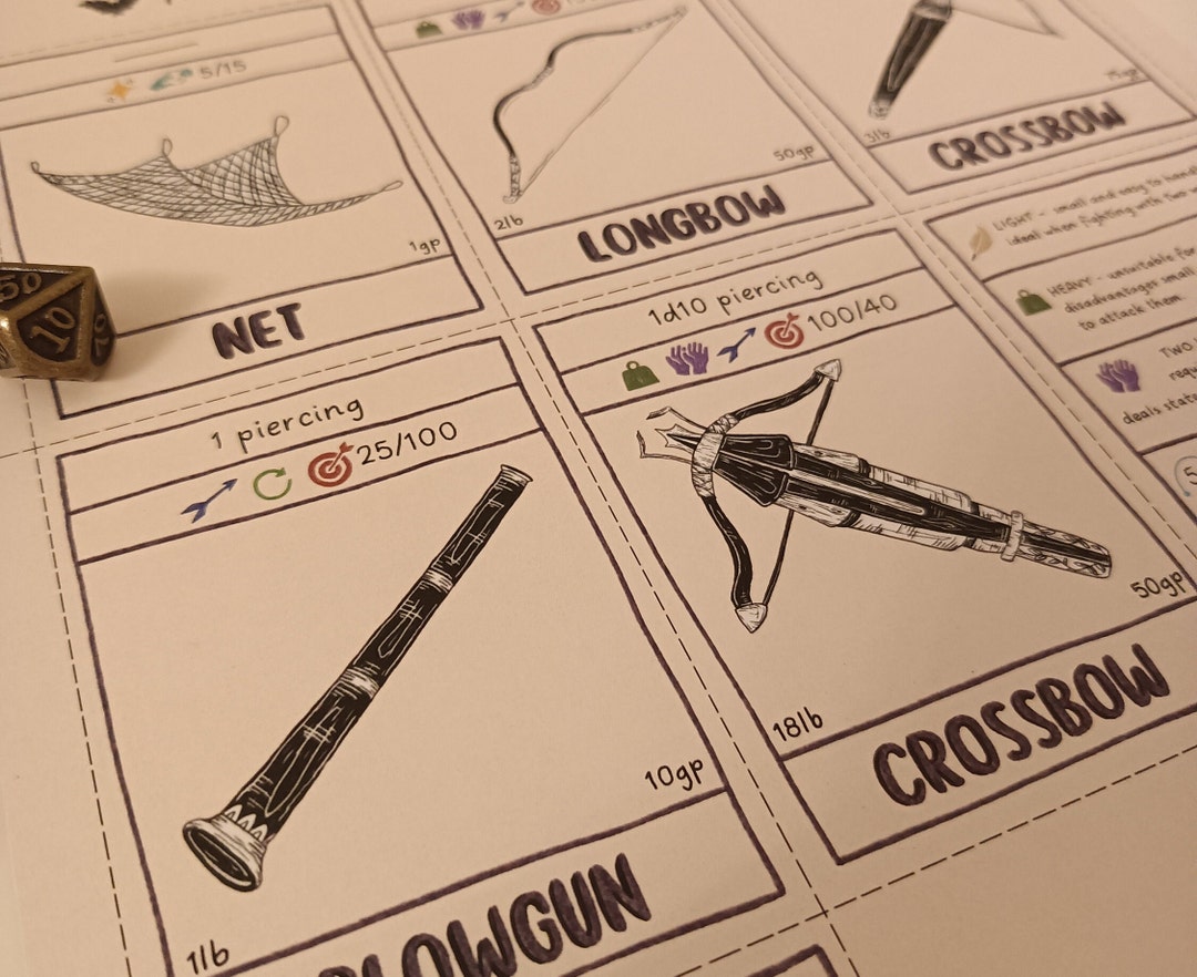 Downloadable Dnd Item Cards Simple and Martial Ranged Weapons
